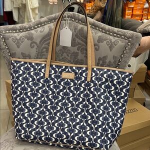Coach Navy Patterned PVC Tote with Tan Leather Trim